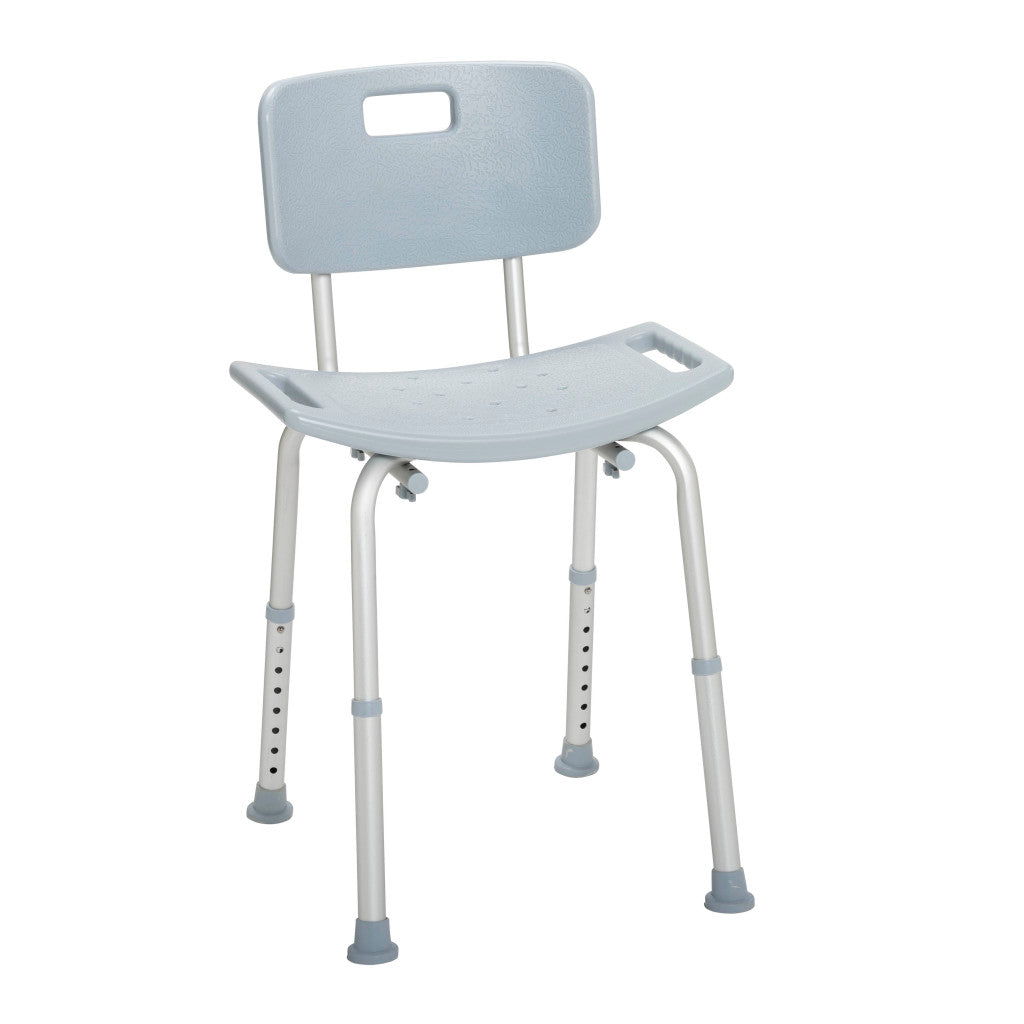 Angled view of the Drive Medical Deluxe Aluminum Bath Chair featuring a supportive backrest and comfortable grey seat.